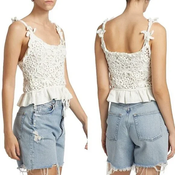 Farm Rio Crochet Peplum Top White Floral Handmade NWT Size XS - Picture 7 of 14